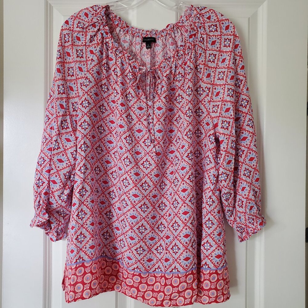 NWOT Talbots Summer Coral/Pink/Light Blue 3/4 sleeve Breezy Blouse Misses Large